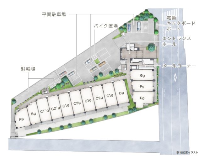 20区画に及ぶ平面駐車場